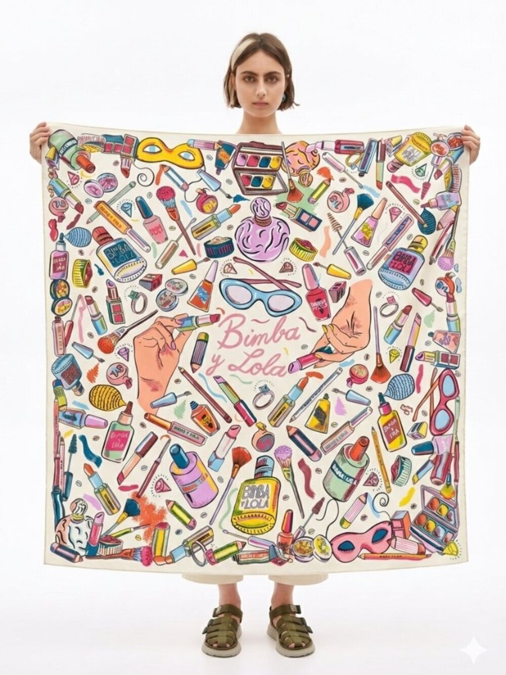 Bimba y Lola Silk Scarf Makeup Print Colorful Large Square Scarf Designer Gift